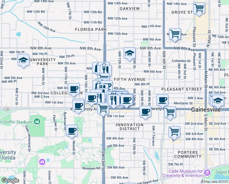 map of restaurants, bars, coffee shops, grocery stores, and more near 1222 Northwest 3rd Avenue in Gainesville