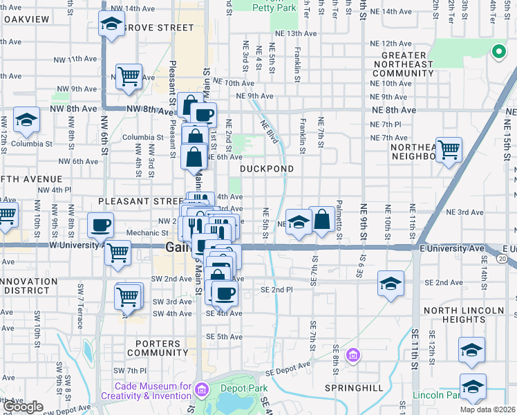 map of restaurants, bars, coffee shops, grocery stores, and more near 404 Northeast 2 Avenue in Gainesville