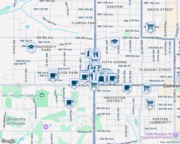 map of restaurants, bars, coffee shops, grocery stores, and more near 204 Northwest 13th Street in Gainesville
