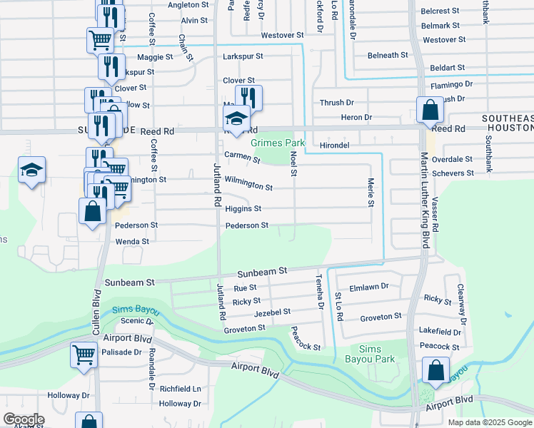 map of restaurants, bars, coffee shops, grocery stores, and more near 5109 Pederson Street in Houston