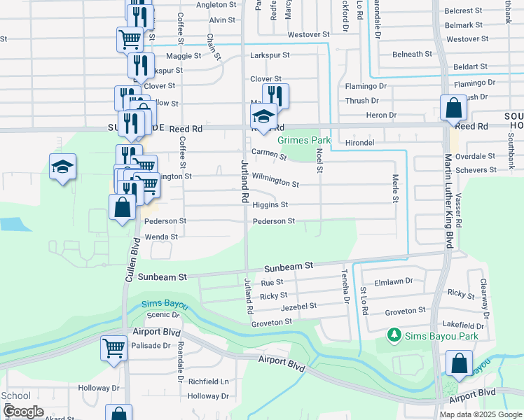 map of restaurants, bars, coffee shops, grocery stores, and more near 5023 Pederson Street in Houston