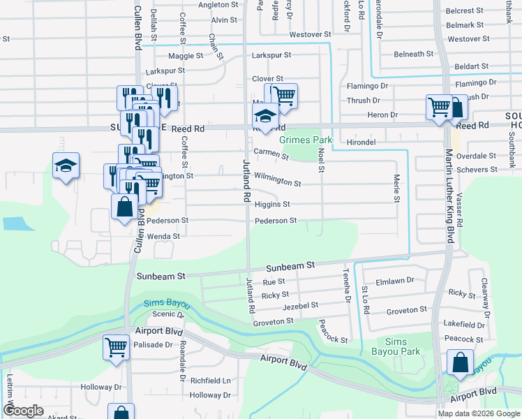 map of restaurants, bars, coffee shops, grocery stores, and more near 5023 Pederson Street in Houston