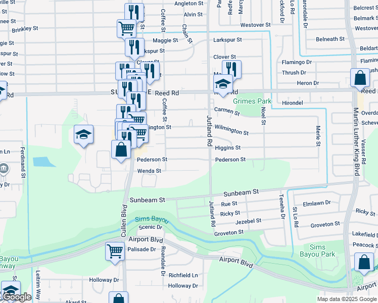 map of restaurants, bars, coffee shops, grocery stores, and more near 4902 Pederson Street in Houston
