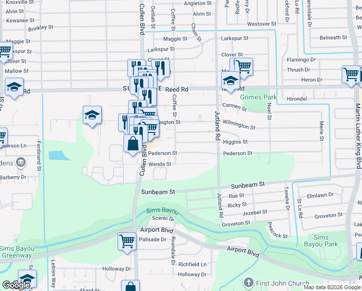 map of restaurants, bars, coffee shops, grocery stores, and more near 4809 Pederson Street in Houston