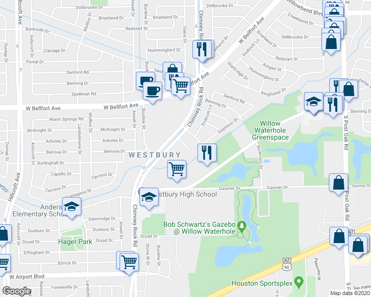 map of restaurants, bars, coffee shops, grocery stores, and more near 5213 Arboles Drive in Houston