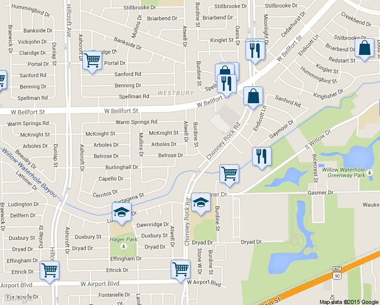 map of restaurants, bars, coffee shops, grocery stores, and more near 5507 Belrose Drive in Houston