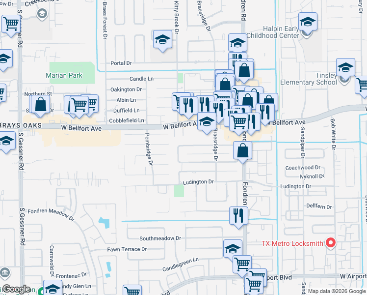 map of restaurants, bars, coffee shops, grocery stores, and more near 11423 Woodknoll Lane in Houston