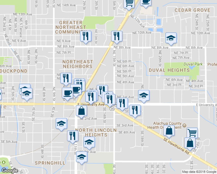 map of restaurants, bars, coffee shops, grocery stores, and more near 1412 Northeast 3rd Avenue in Gainesville
