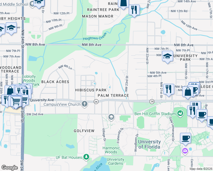 map of restaurants, bars, coffee shops, grocery stores, and more near 203 Northwest 25 Street in Gainesville