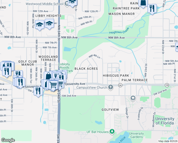 map of restaurants, bars, coffee shops, grocery stores, and more near 112 Northwest 29th Street in Gainesville
