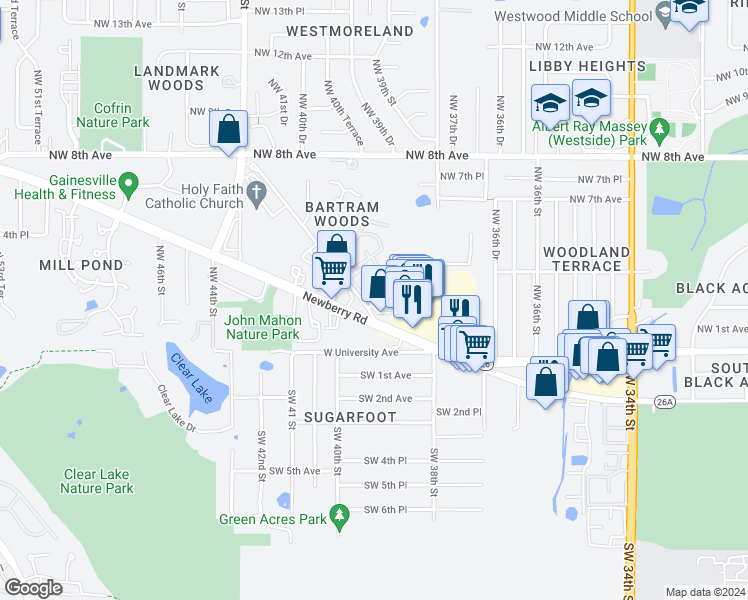 map of restaurants, bars, coffee shops, grocery stores, and more near 381 Northwest 39th Road in Gainesville