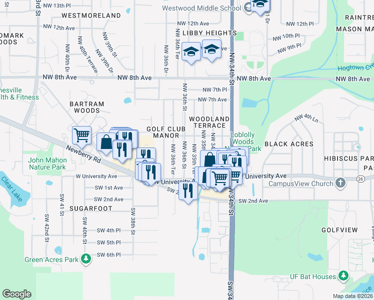 map of restaurants, bars, coffee shops, grocery stores, and more near 303 Northwest 36th Street in Gainesville