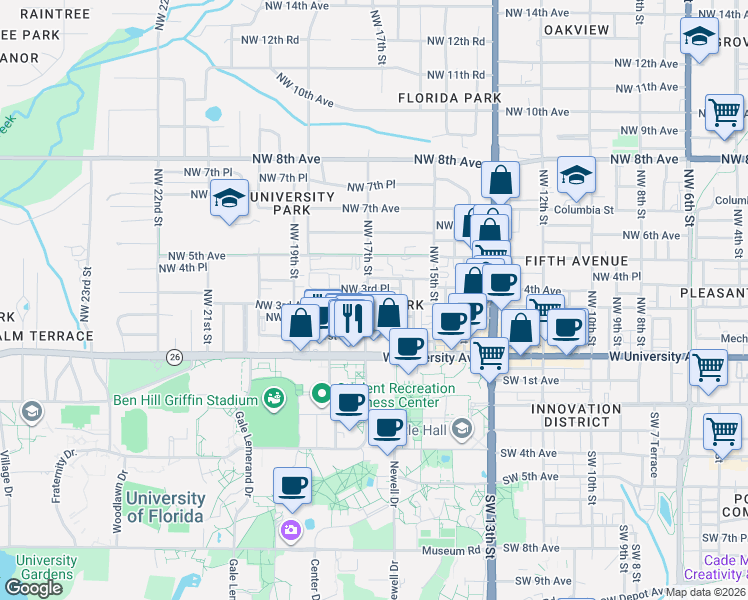map of restaurants, bars, coffee shops, grocery stores, and more near 303 Northwest 17th Street in Gainesville