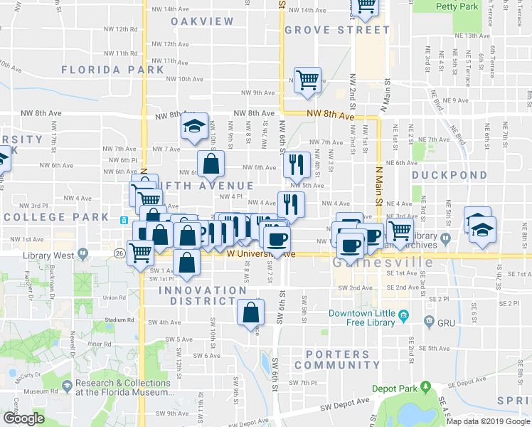 map of restaurants, bars, coffee shops, grocery stores, and more near 704 Northwest 3rd Avenue in Gainesville