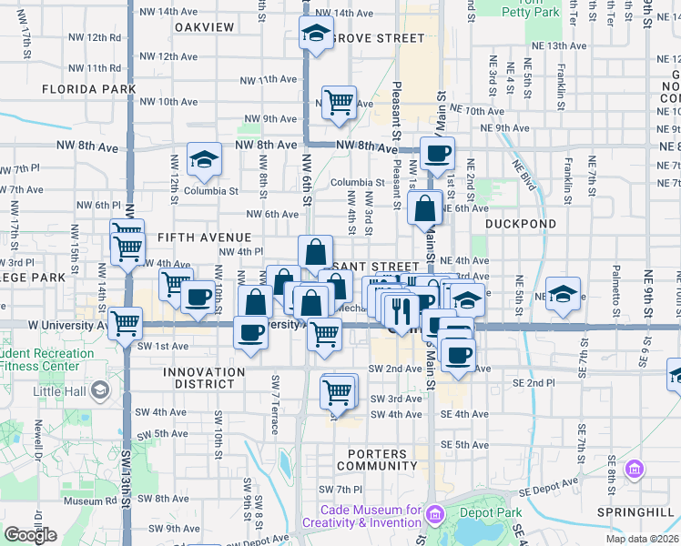 map of restaurants, bars, coffee shops, grocery stores, and more near 422 Northwest 2 Avenue in Gainesville