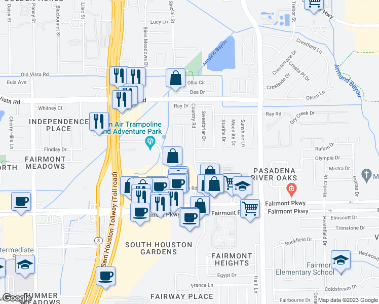 map of restaurants, bars, coffee shops, grocery stores, and more near 3802 Country Road in Pasadena