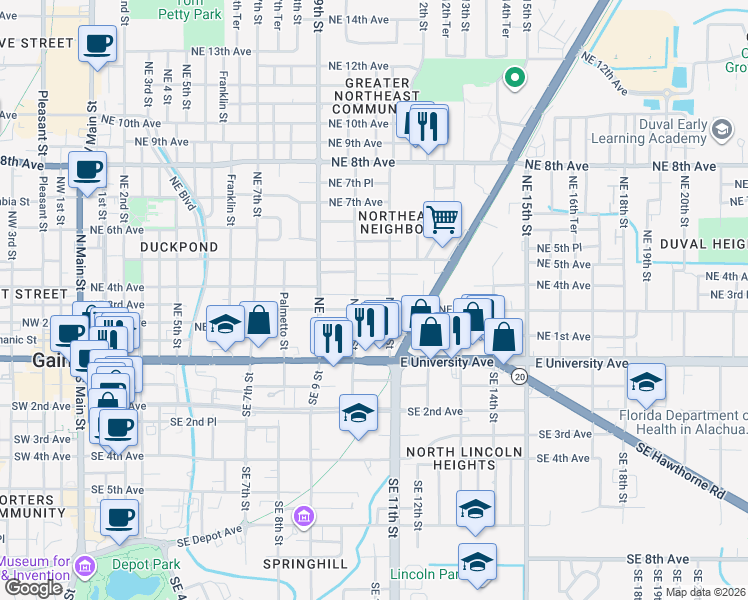 map of restaurants, bars, coffee shops, grocery stores, and more near 1017 Northeast 3rd Avenue in Gainesville