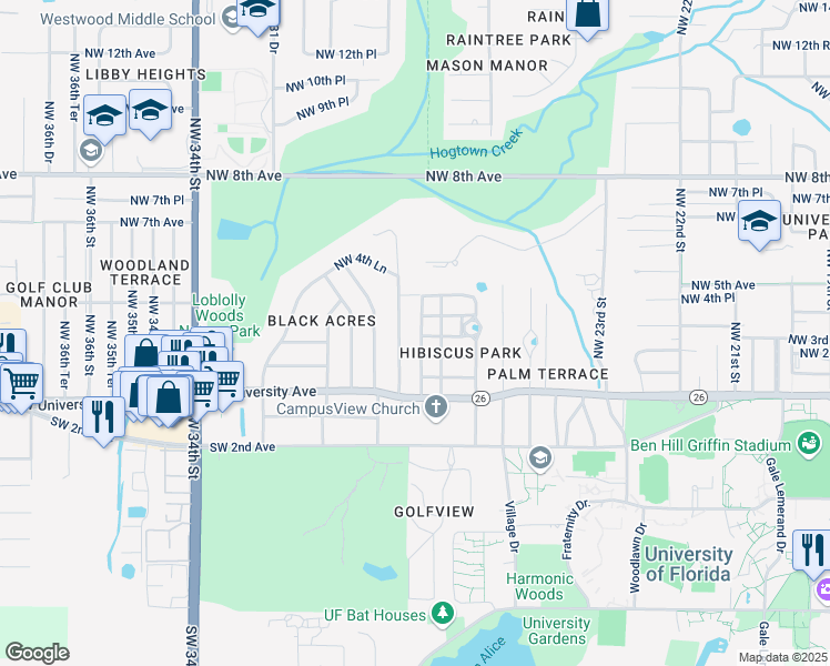 map of restaurants, bars, coffee shops, grocery stores, and more near 302 Northwest 27th Terrace in Gainesville