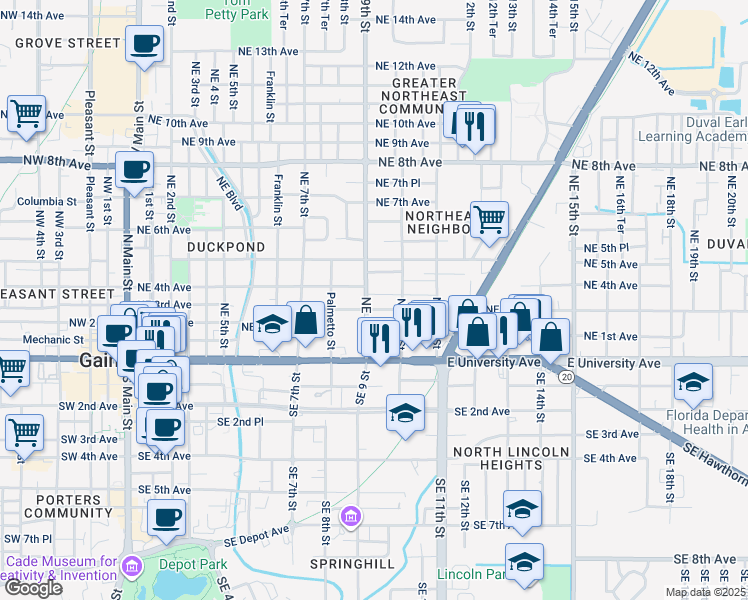 map of restaurants, bars, coffee shops, grocery stores, and more near 917 Northeast 3rd Avenue in Gainesville