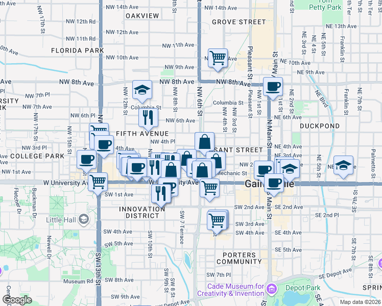 map of restaurants, bars, coffee shops, grocery stores, and more near 710 Northwest 2 Avenue in Gainesville