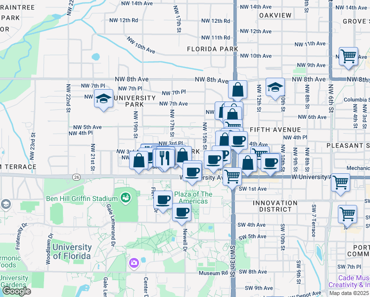 map of restaurants, bars, coffee shops, grocery stores, and more near 1624 Northwest 2 Avenue in Gainesville