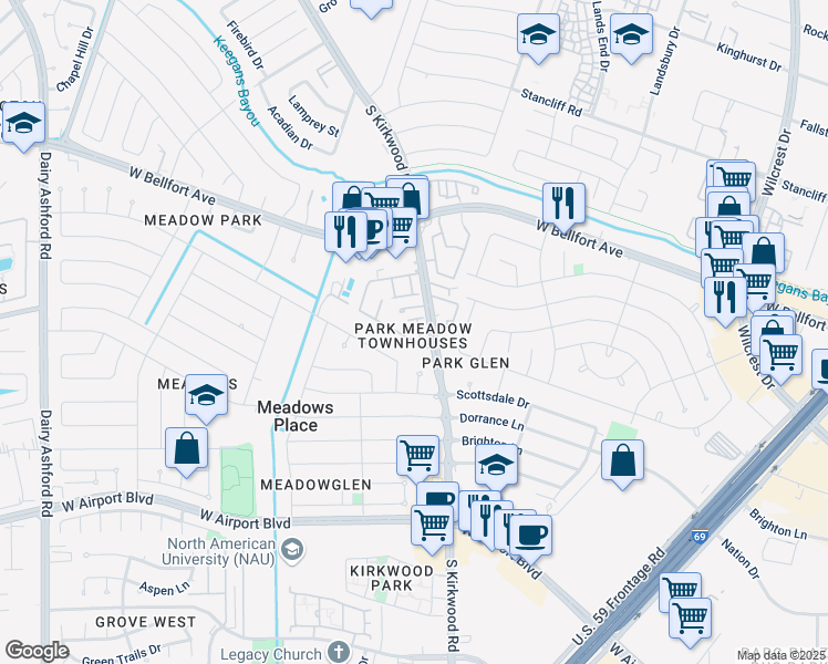 map of restaurants, bars, coffee shops, grocery stores, and more near 11776 South Kirkwood Road in Stafford