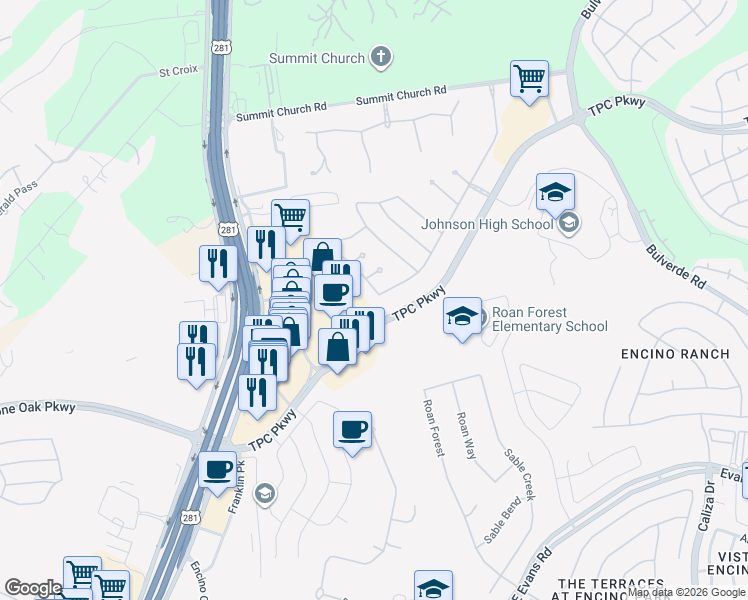 map of restaurants, bars, coffee shops, grocery stores, and more near 2842 Cliff Canyon in San Antonio