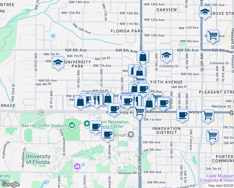 map of restaurants, bars, coffee shops, grocery stores, and more near 111 Northwest 16th Street in Gainesville