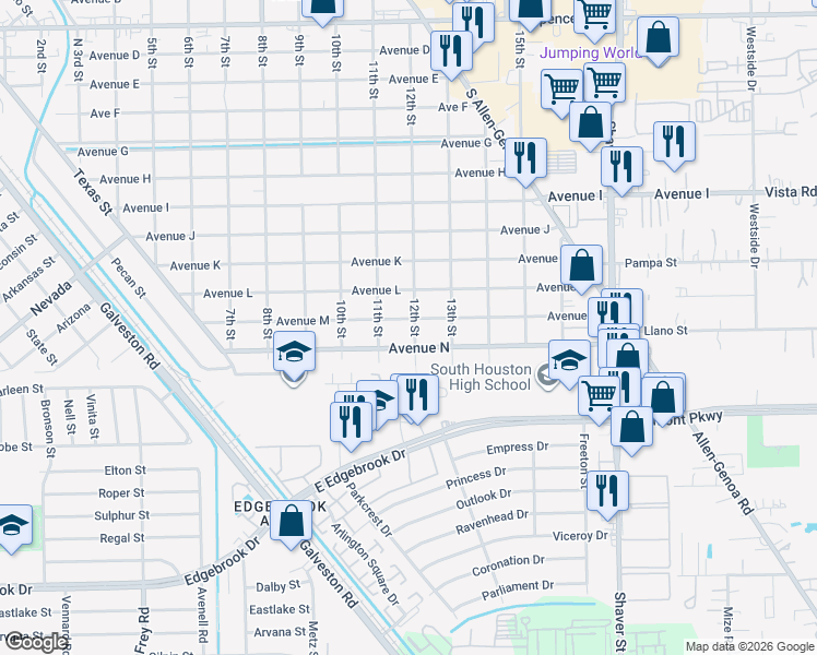 map of restaurants, bars, coffee shops, grocery stores, and more near 1203 Avenue North in South Houston