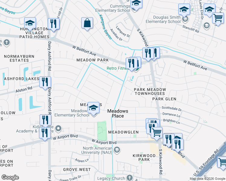 map of restaurants, bars, coffee shops, grocery stores, and more near 11839 Meadowtrail Lane in Stafford