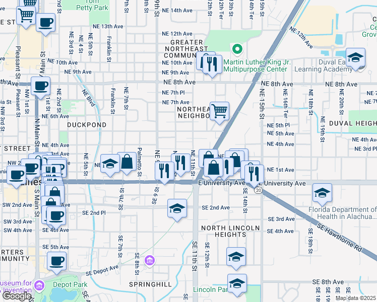 map of restaurants, bars, coffee shops, grocery stores, and more near 316 Northeast 11th Street in Gainesville