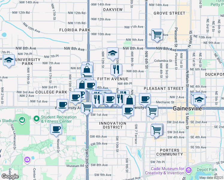 map of restaurants, bars, coffee shops, grocery stores, and more near 1105 Northwest 3rd Avenue in Gainesville