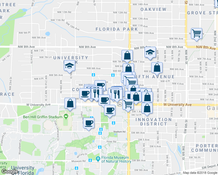 map of restaurants, bars, coffee shops, grocery stores, and more near 1514 Northwest 3rd Avenue in Gainesville