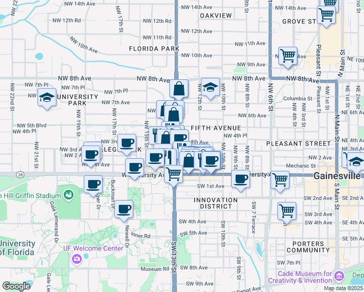 map of restaurants, bars, coffee shops, grocery stores, and more near 218 Northwest 12th Terrace in Gainesville