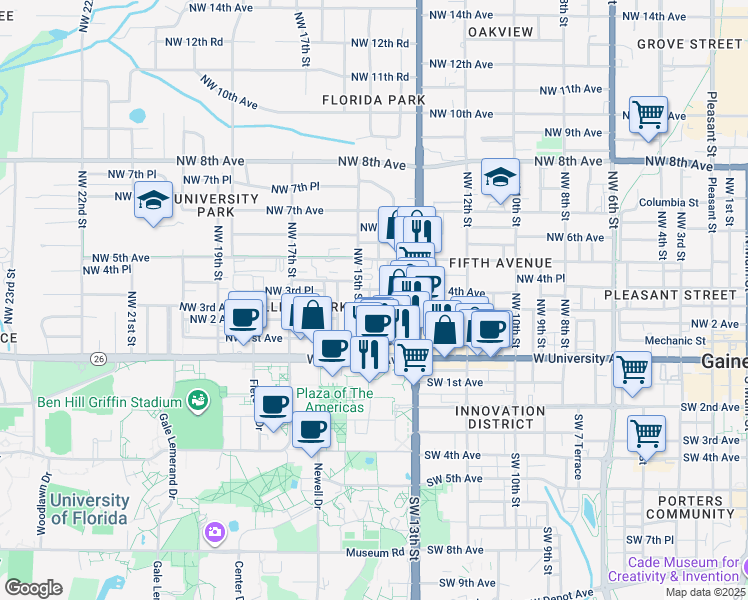 map of restaurants, bars, coffee shops, grocery stores, and more near 1414 Northwest 2 Avenue in Gainesville
