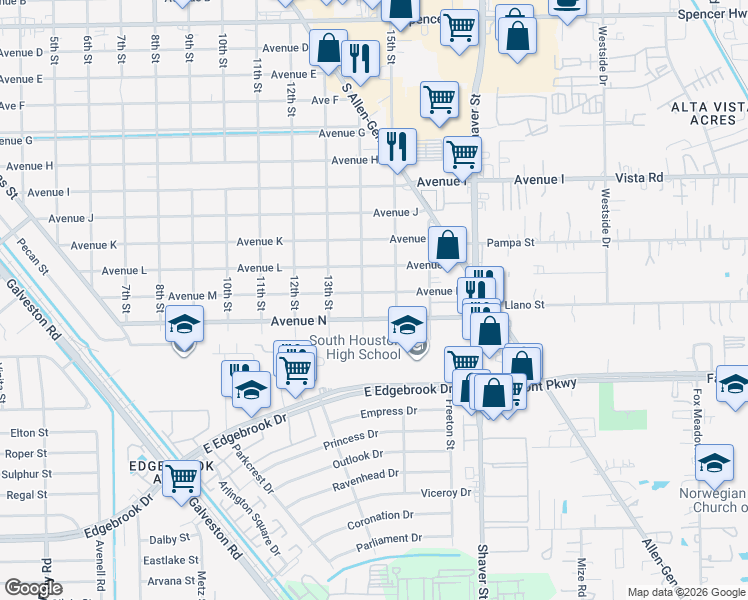 map of restaurants, bars, coffee shops, grocery stores, and more near 1205 14th Street in South Houston