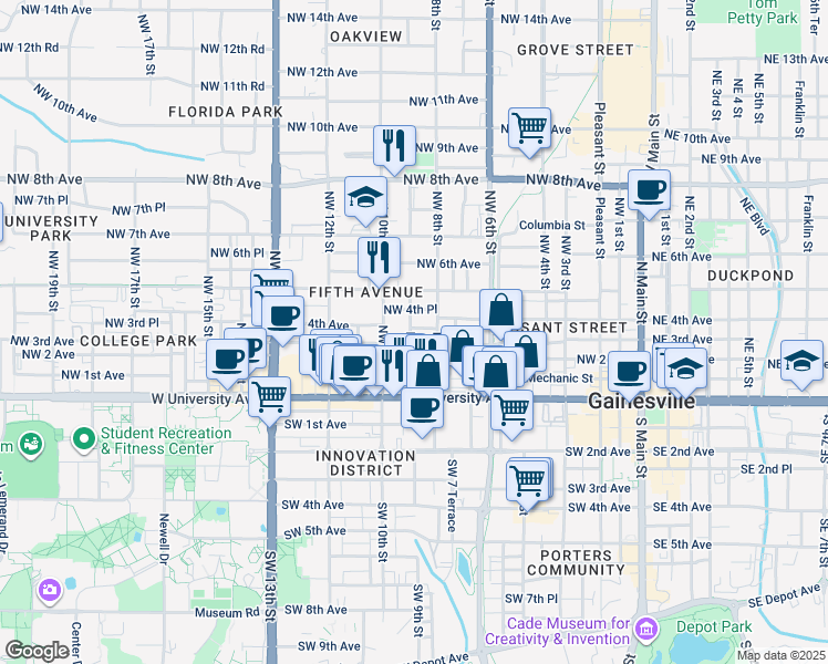 map of restaurants, bars, coffee shops, grocery stores, and more near 811 Northwest 4th Place in Gainesville