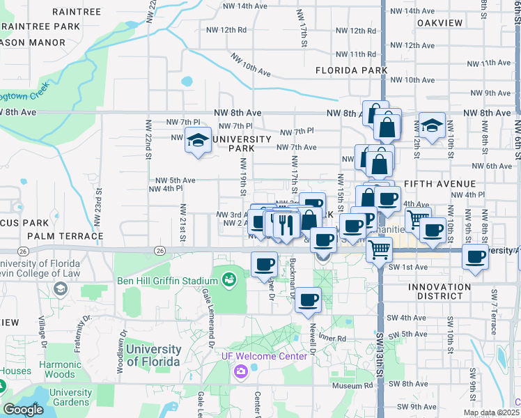 map of restaurants, bars, coffee shops, grocery stores, and more near 300 Northwest 18th Street in Gainesville