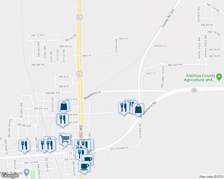map of restaurants, bars, coffee shops, grocery stores, and more near 24512 Newberry Lane in Newberry