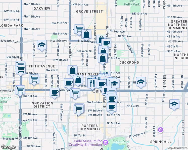 map of restaurants, bars, coffee shops, grocery stores, and more near 225 Northwest 4th Place in Gainesville