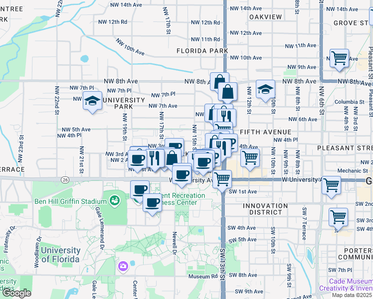 map of restaurants, bars, coffee shops, grocery stores, and more near 1518 Northwest 4th Avenue in Gainesville