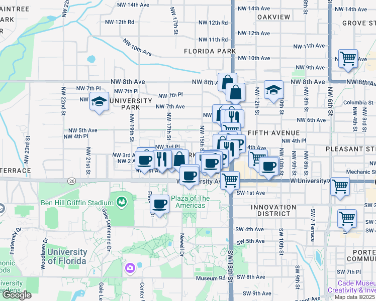 map of restaurants, bars, coffee shops, grocery stores, and more near 1518 Northwest 4th Avenue in Gainesville
