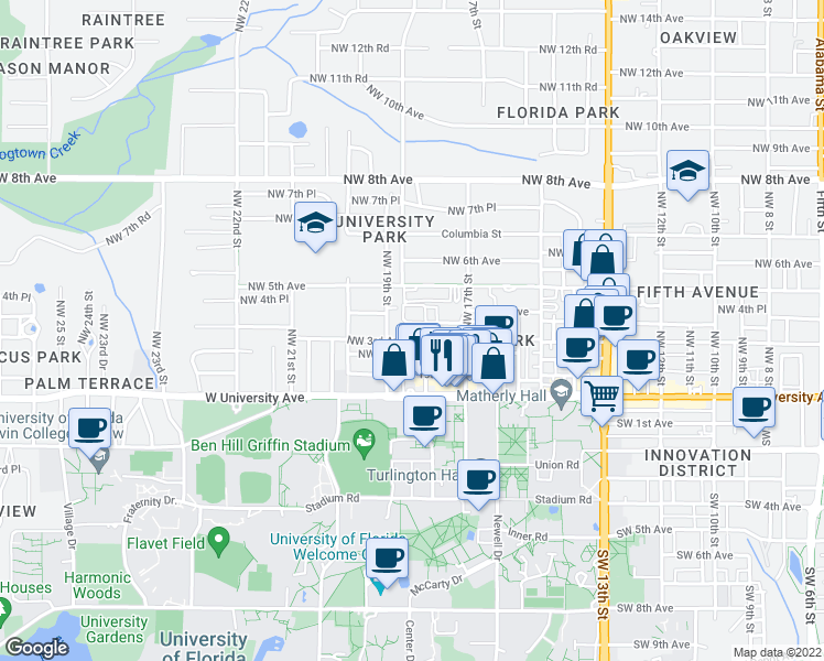 map of restaurants, bars, coffee shops, grocery stores, and more near 44 Northwest 4th Place in Gainesville