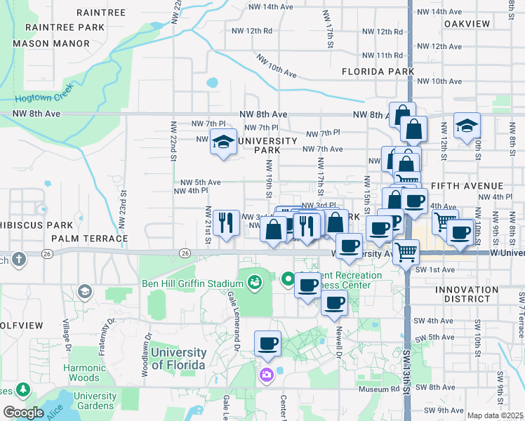 map of restaurants, bars, coffee shops, grocery stores, and more near 1922 Northwest 4th Avenue in Gainesville