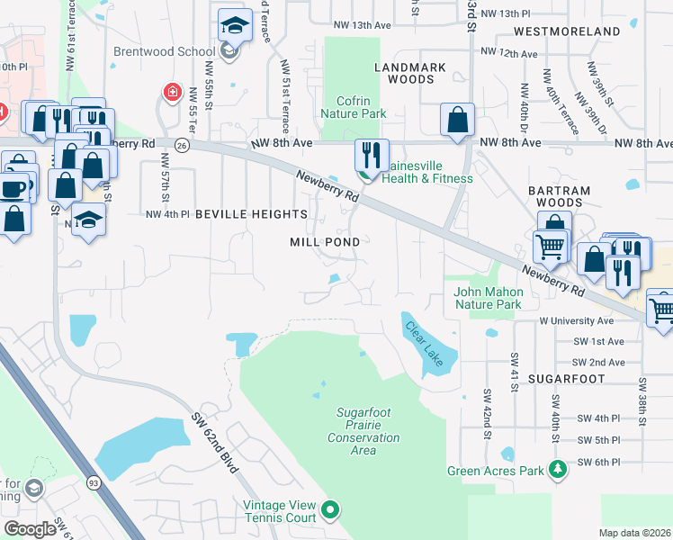 map of restaurants, bars, coffee shops, grocery stores, and more near 4801 Northwest 2nd Place in Gainesville