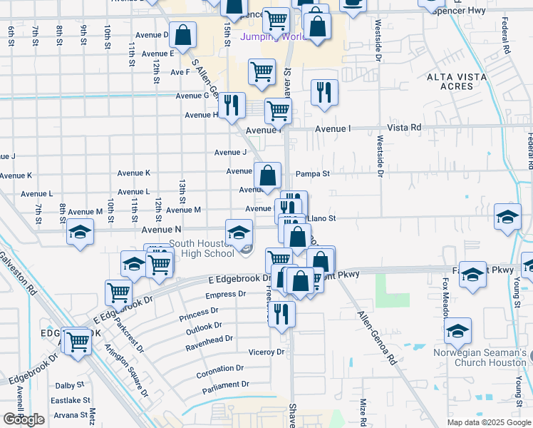 map of restaurants, bars, coffee shops, grocery stores, and more near 3600 Shaver Street in South Houston