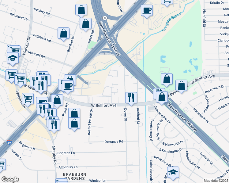 map of restaurants, bars, coffee shops, grocery stores, and more near 11500 Keegans Ridge Road in Houston