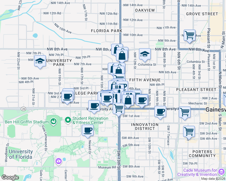 map of restaurants, bars, coffee shops, grocery stores, and more near 1320 Northwest 3rd Avenue in Gainesville