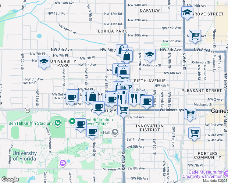 map of restaurants, bars, coffee shops, grocery stores, and more near 408 Northwest 14th Street in Gainesville