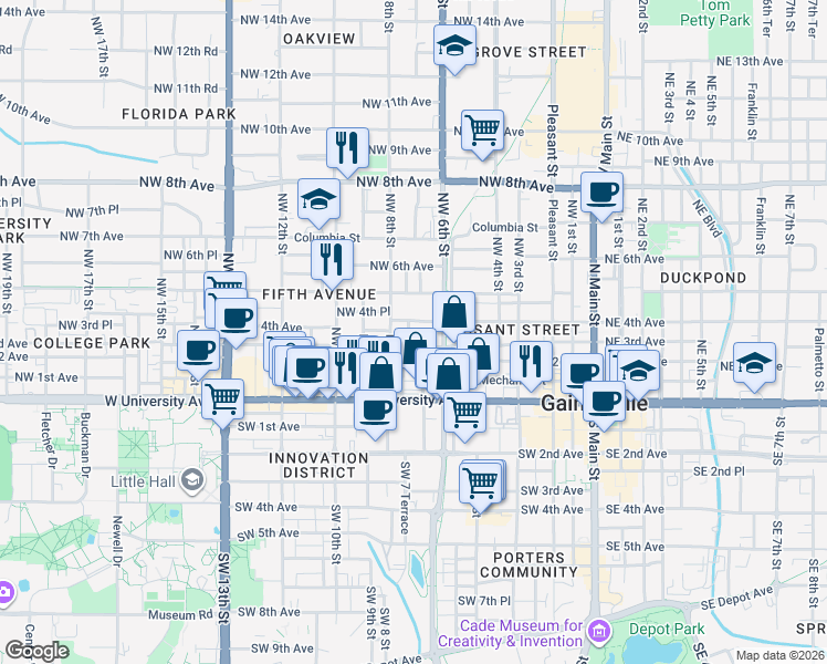 map of restaurants, bars, coffee shops, grocery stores, and more near 315 Northwest 7 Terrace in Gainesville